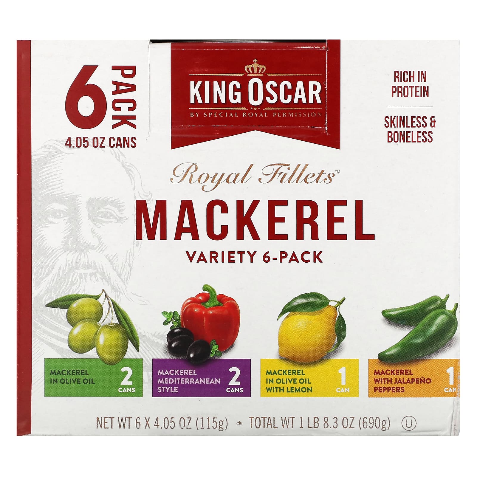King Oscar, Royal Fillets, Mackerel, Variety 6-Pack, 6 Cans, 4.05 oz (115 g) Each - Image 1