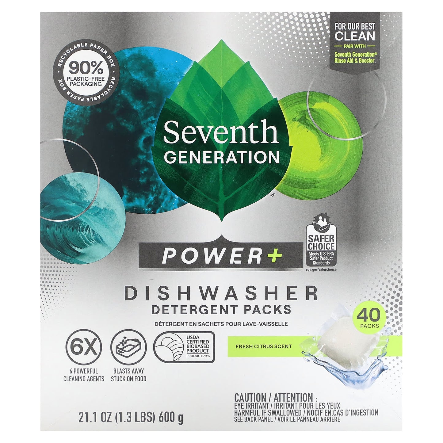 Seventh Generation, Power+ Dishwasher Detergent Packs, Fresh Citrus, 40 Packs, 21.1 oz (600 g) - Image 1