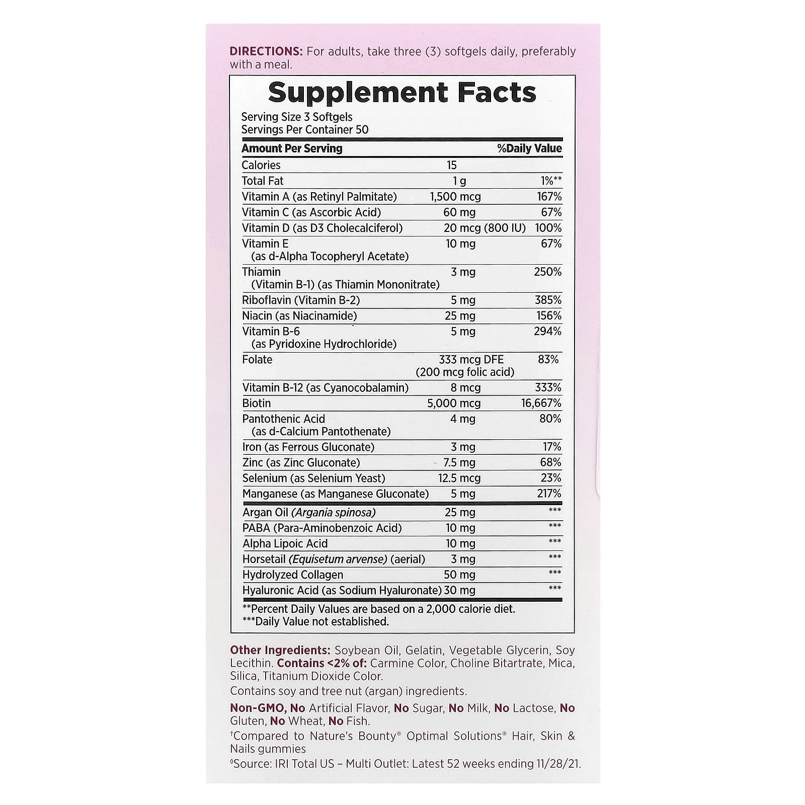 Nature's Bounty, Optimal Solutions®, Hair, Skin & Nails, Extra Strength , 150 Rapid Release Liquid Softgels - Image 2