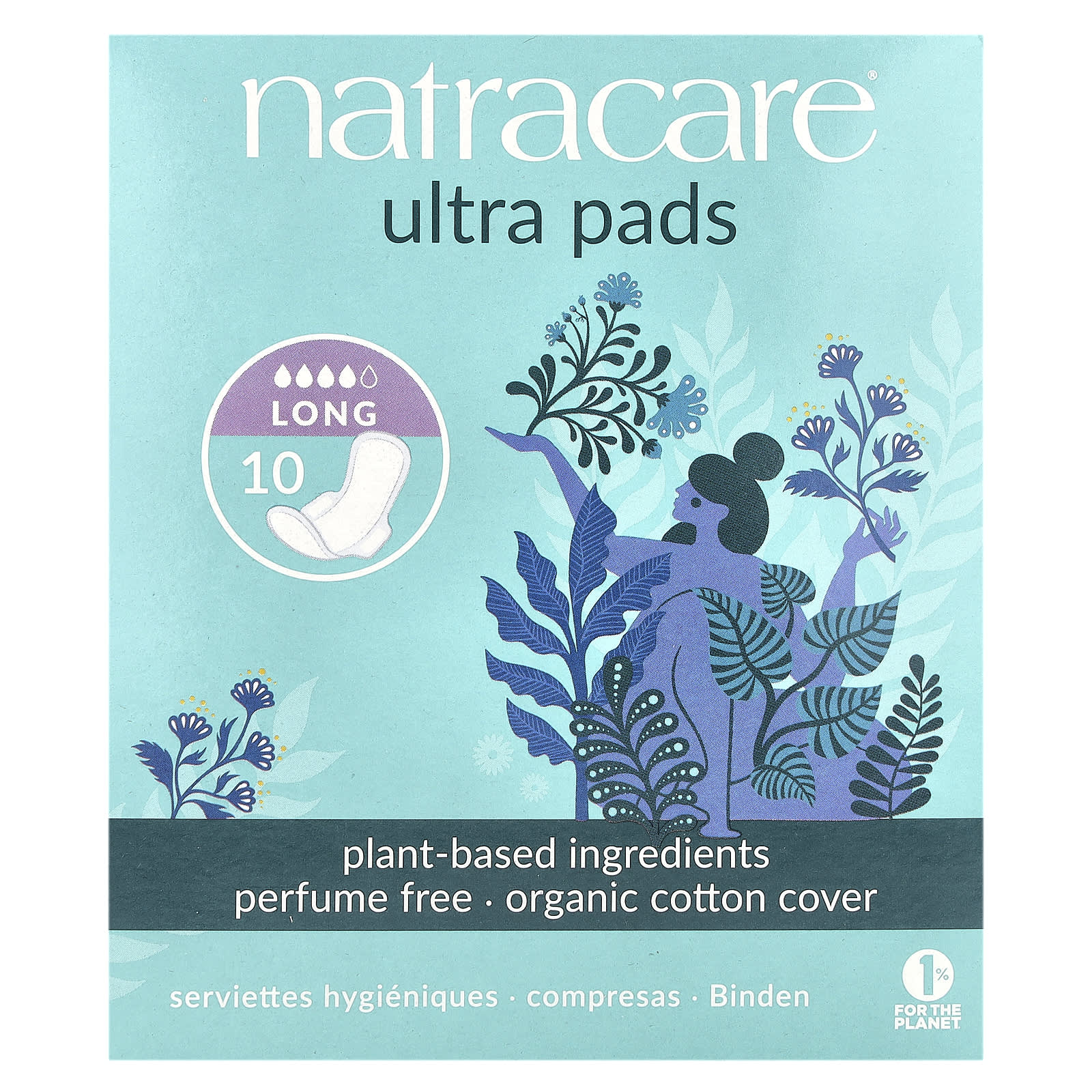 Natracare, Ultra Pads, Organic Cotton Cover, Long, 10 Pads - Image 1