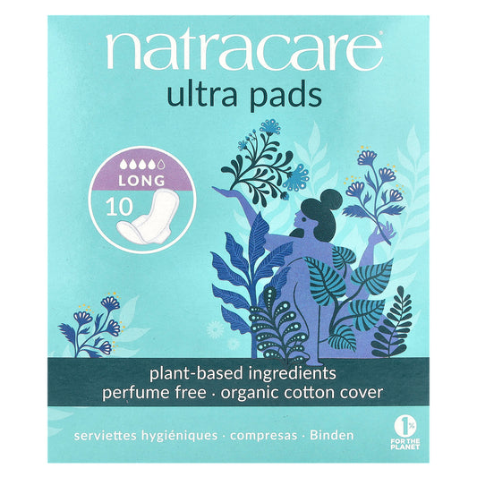 Natracare, Ultra Pads, Organic Cotton Cover, Long, 10 Pads - Image 1