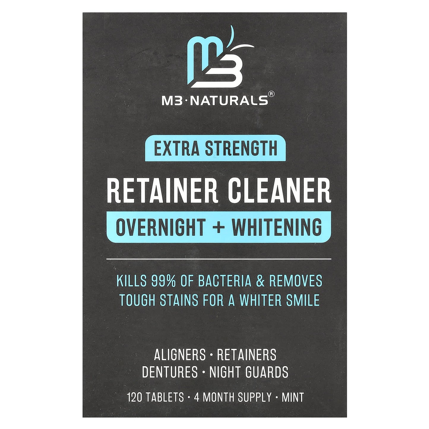 M3 Naturals, Retainer Cleaner, Overnight + Whitening, Extra Strength, Mint, 120 Tablets - Image 1