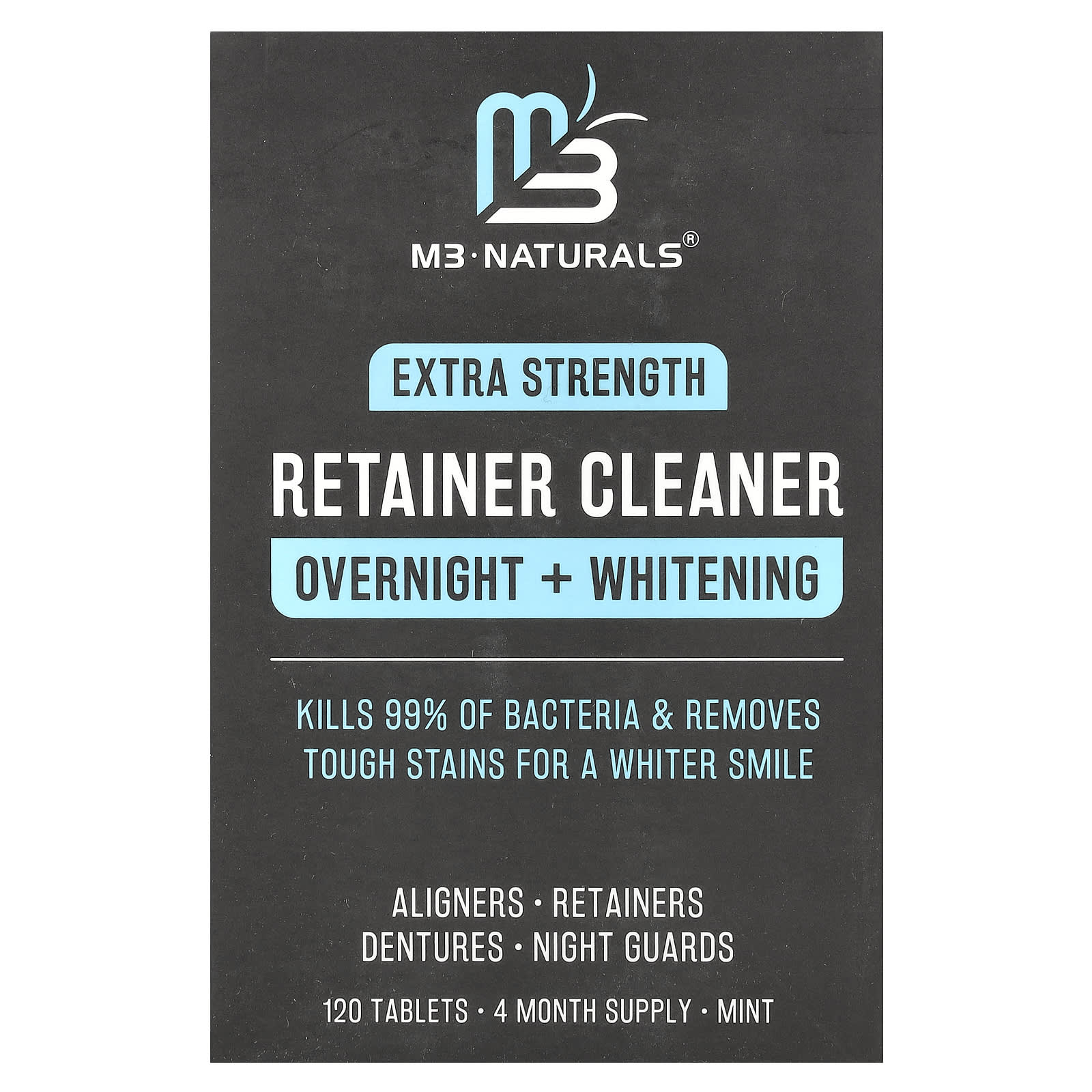 M3 Naturals, Retainer Cleaner, Overnight + Whitening, Extra Strength, Mint, 120 Tablets - Image 1