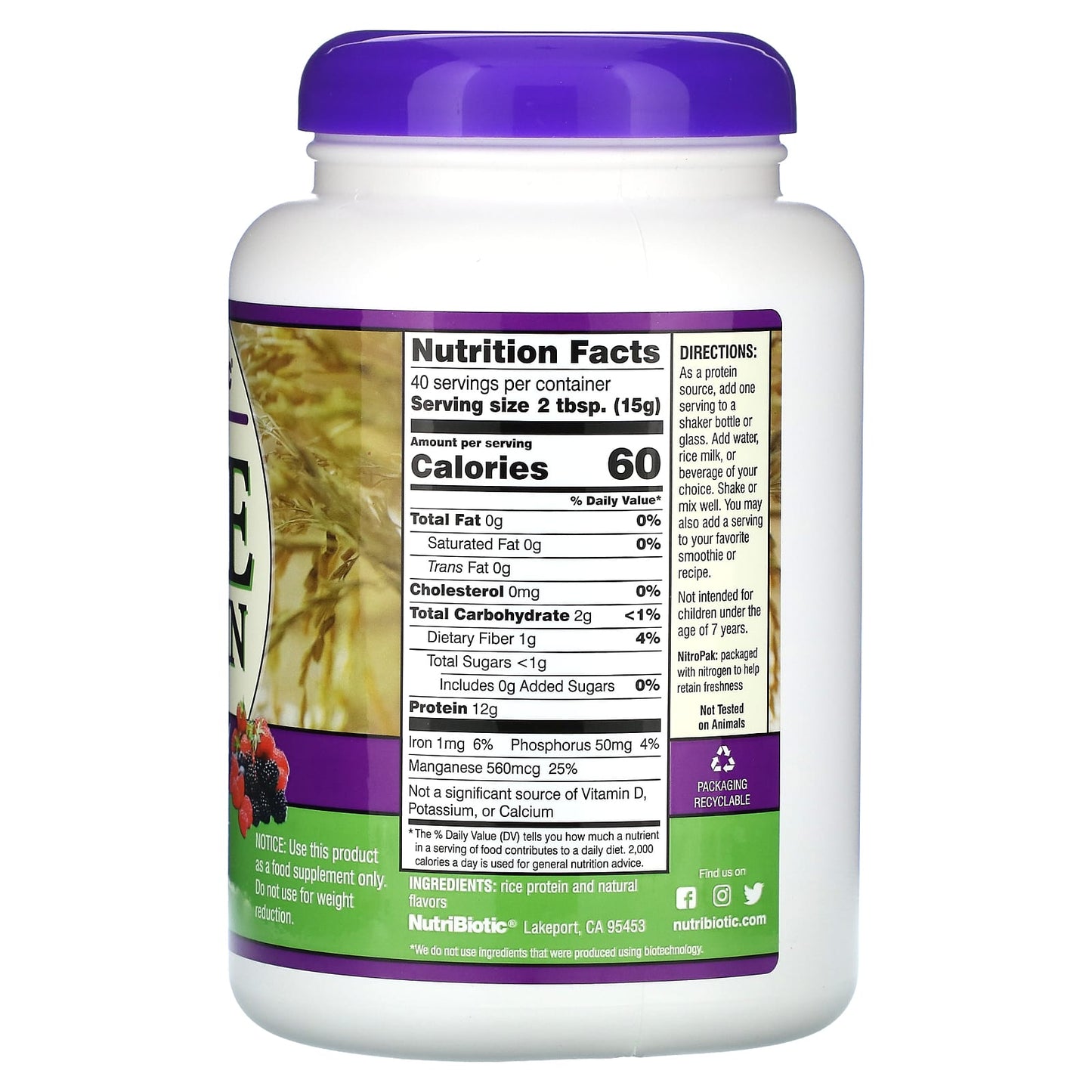 NutriBiotic, Rice Protein Powder, Mixed Berry, 1 lb. (600 g) - Image 2