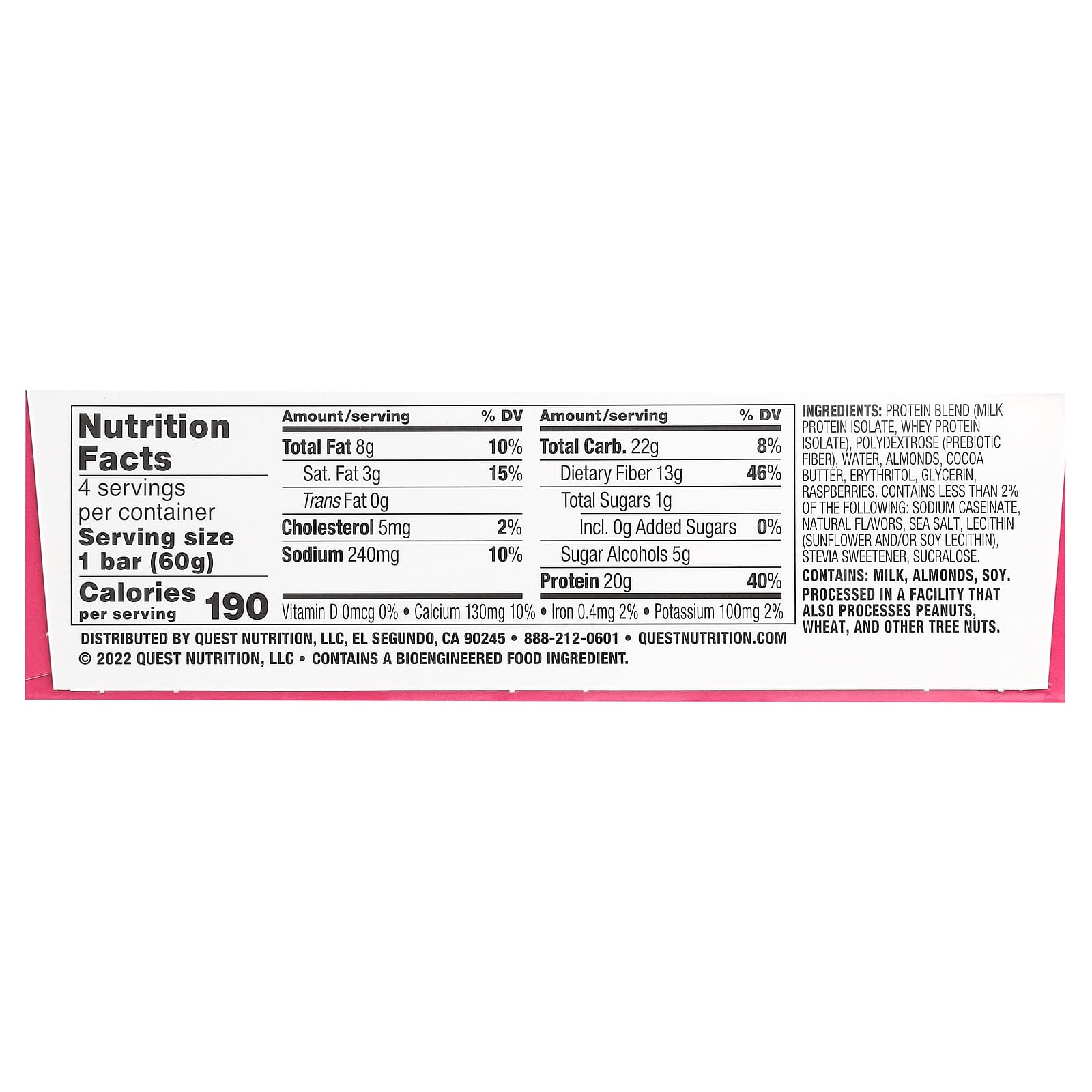 Quest Nutrition, Protein Bar, White Chocolate Raspberry, 4 Bars, 2.12 oz (60 g) Each - Image 2