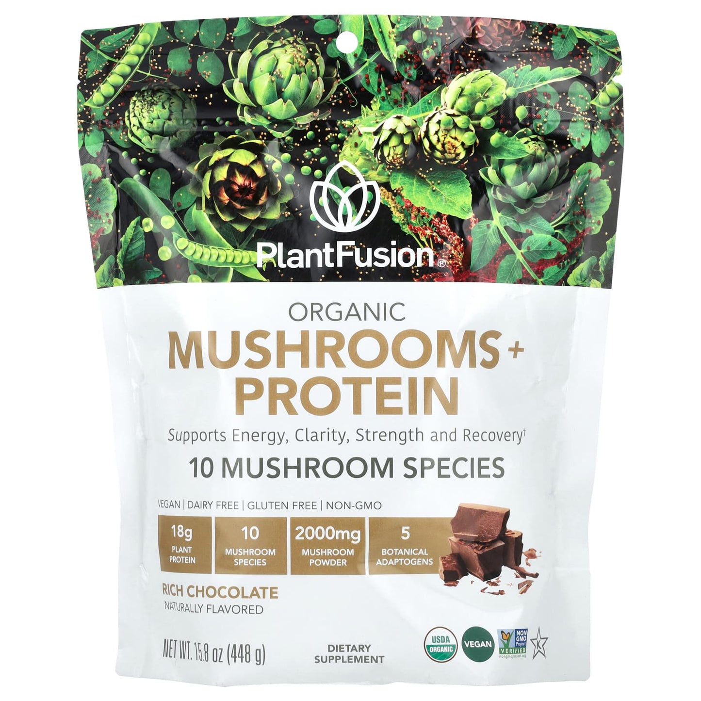 PlantFusion, Organic Mushrooms + Protein, Rich Chocolate, 15.8 oz (448 g) - Image 1