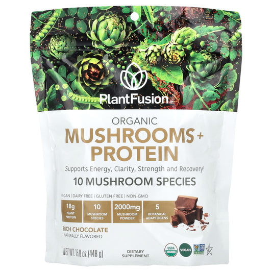 PlantFusion, Organic Mushrooms + Protein, Rich Chocolate, 15.8 oz (448 g) - Image 1