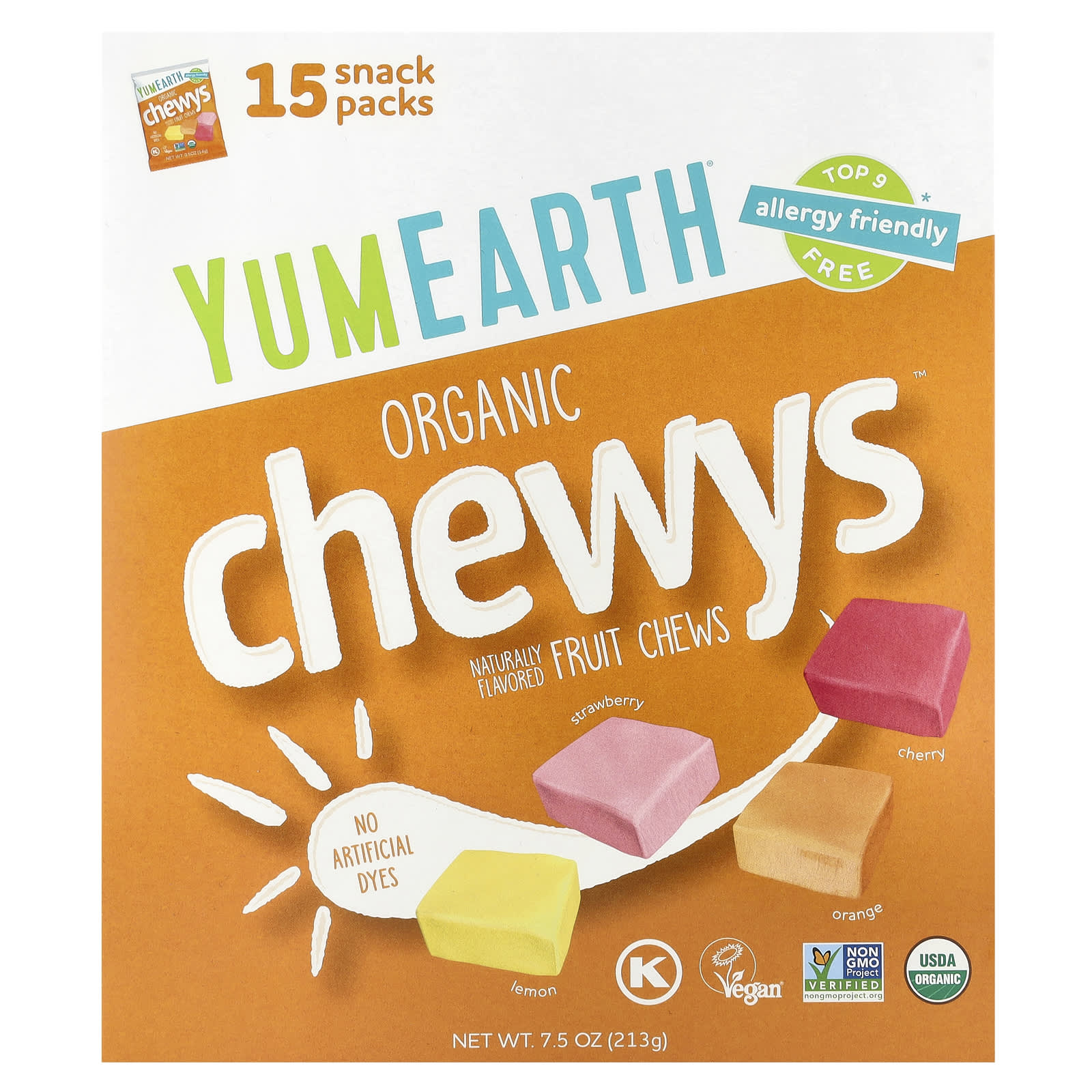 YumEarth, Organic Chewys™, Fruit Chews, 15 Snack Packs, 0.5 oz (14 g) Each - Image 1