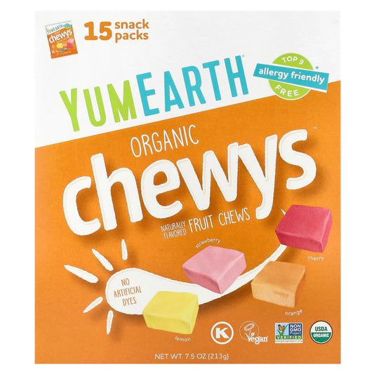 YumEarth, Organic Chewys™, Fruit Chews, 15 Snack Packs, 0.5 oz (14 g) Each - Image 1