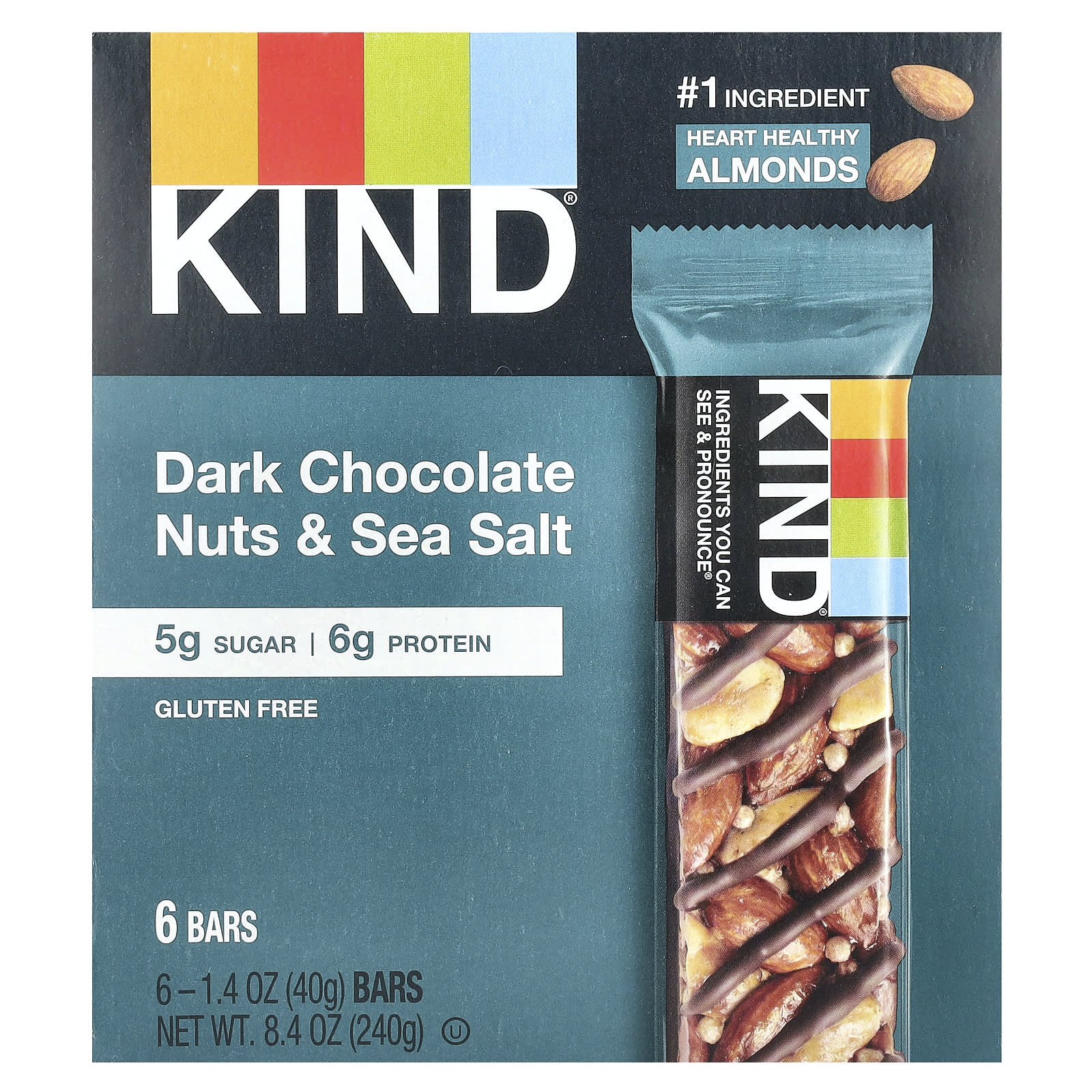 KIND Bars, Protein Bars, Dark Chocolate Nuts & Sea Salt, 6 Bars, 1.4 oz (40 g) Each - Image 1