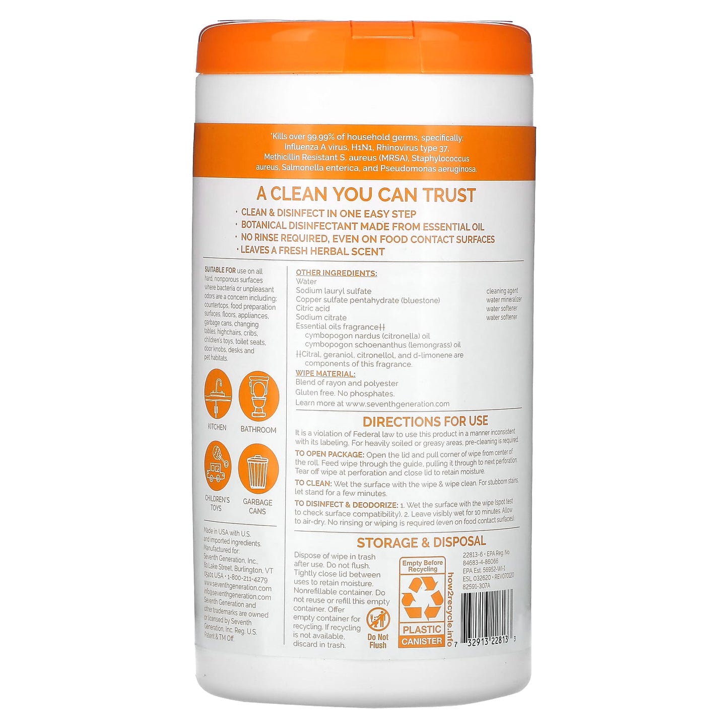 Seventh Generation, Disinfecting Wipes, Lemongrass Citrus, 70 Wet Wipes, 1 lb 0.3 oz (461 g) - Image 2