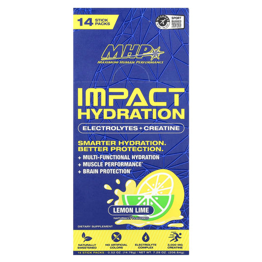 MHP, Impact Hydration, Electrolytes + Creatine, Lemon Lime , 14 Stick Packs, 0.52 oz (14.76 g) Each - Image 1