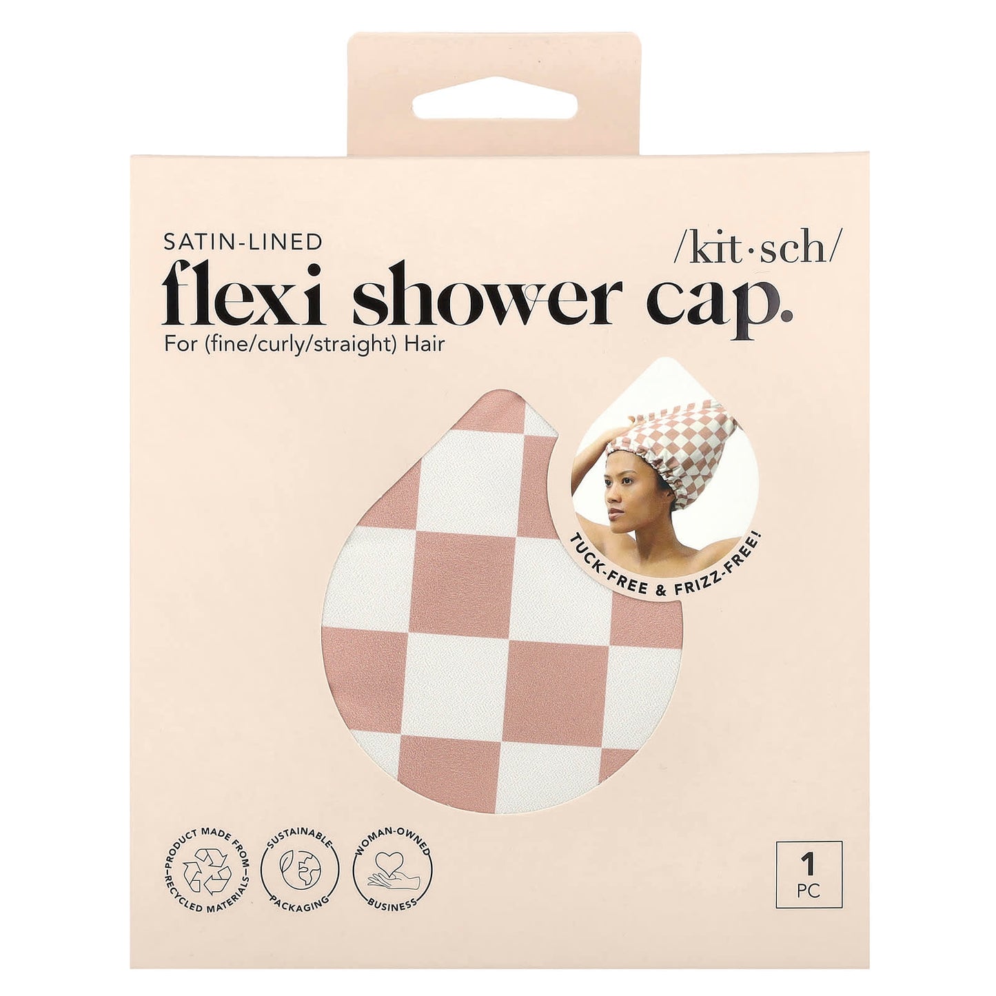 Kitsch, Satin-Lined Flexi Shower Cap, Terracotta Checker, 1 Cap - Image 1