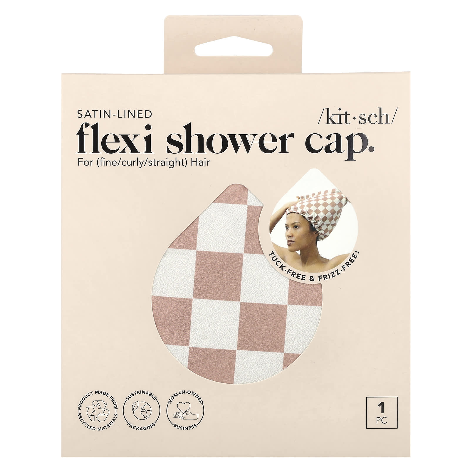 Kitsch, Satin-Lined Flexi Shower Cap, Terracotta Checker, 1 Cap - Image 1