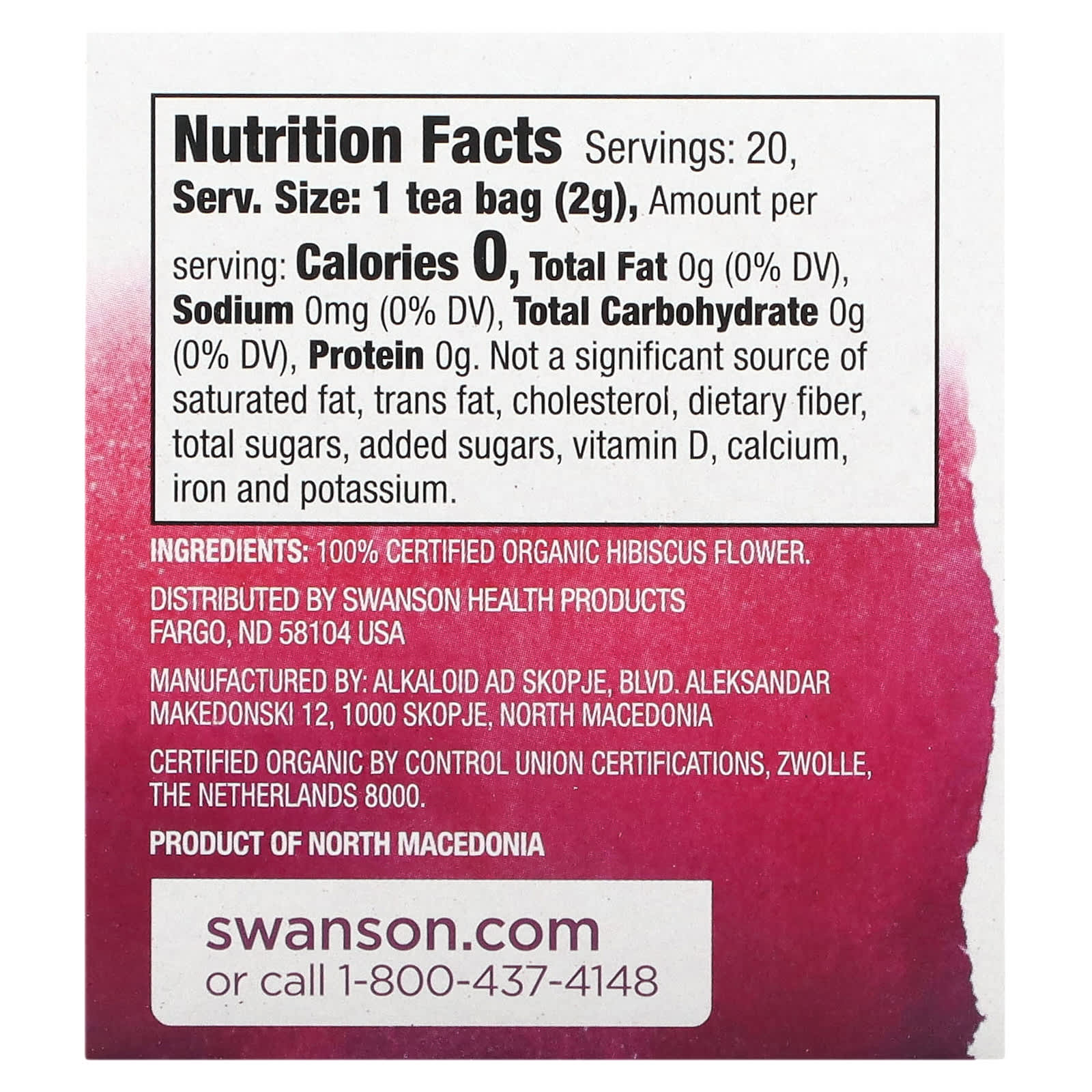 Swanson, Hibiscus Flower Tea, Caffeine-Free, 20 Tea Bags, 1.4 oz (40 g) - Image 2
