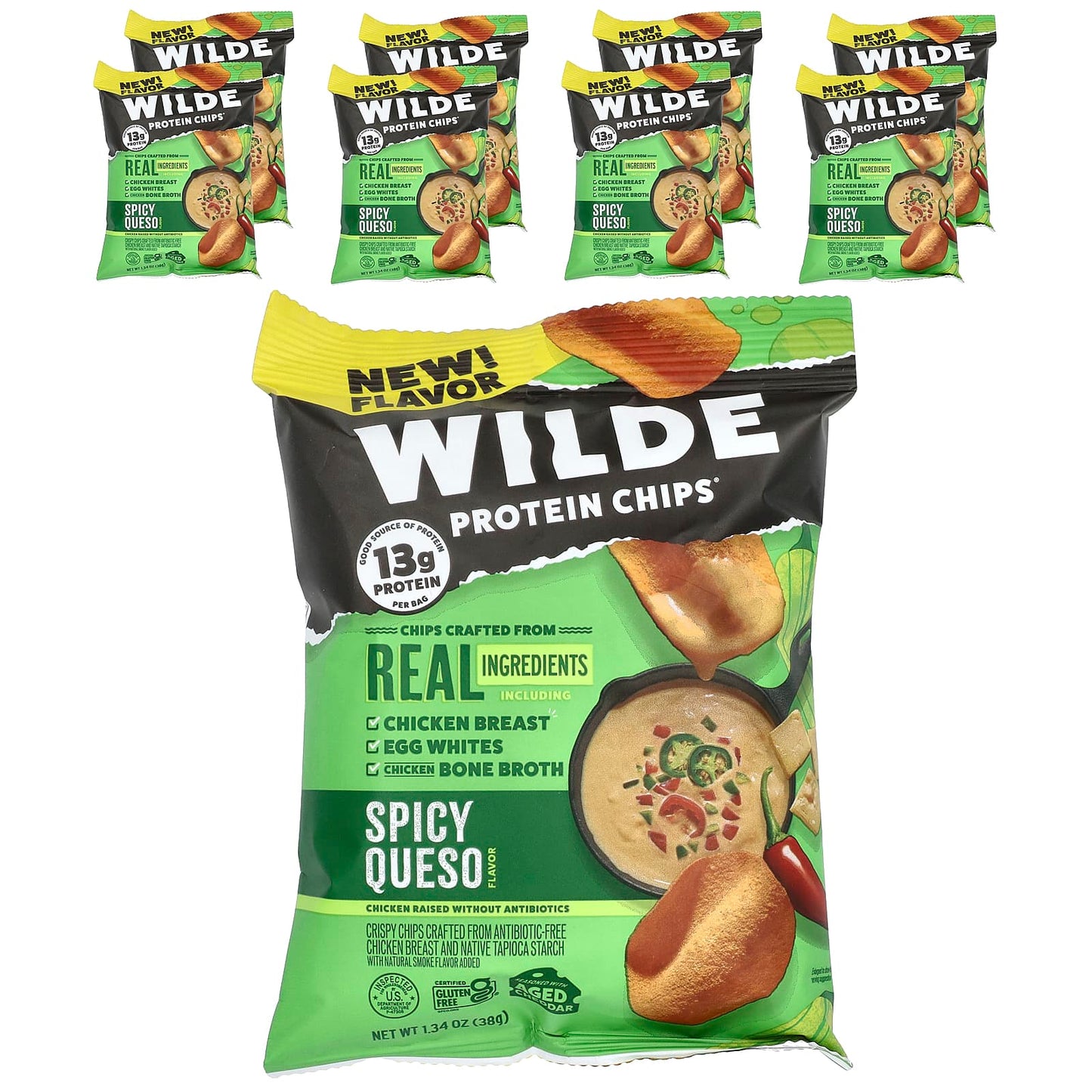 Wilde Brands, Protein Chips, Spicy Queso, 8 Bags, 1.34 oz (38 g) Each - Image 1