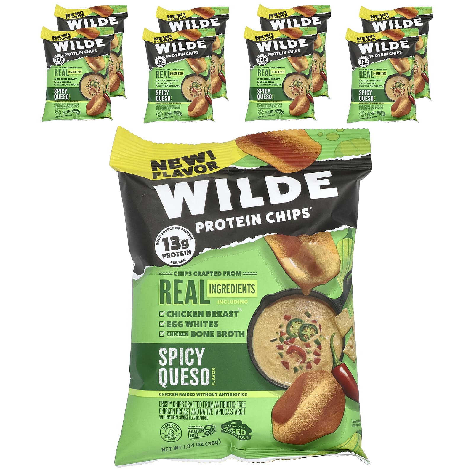 Wilde Brands, Protein Chips, Spicy Queso, 8 Bags, 1.34 oz (38 g) Each - Image 1