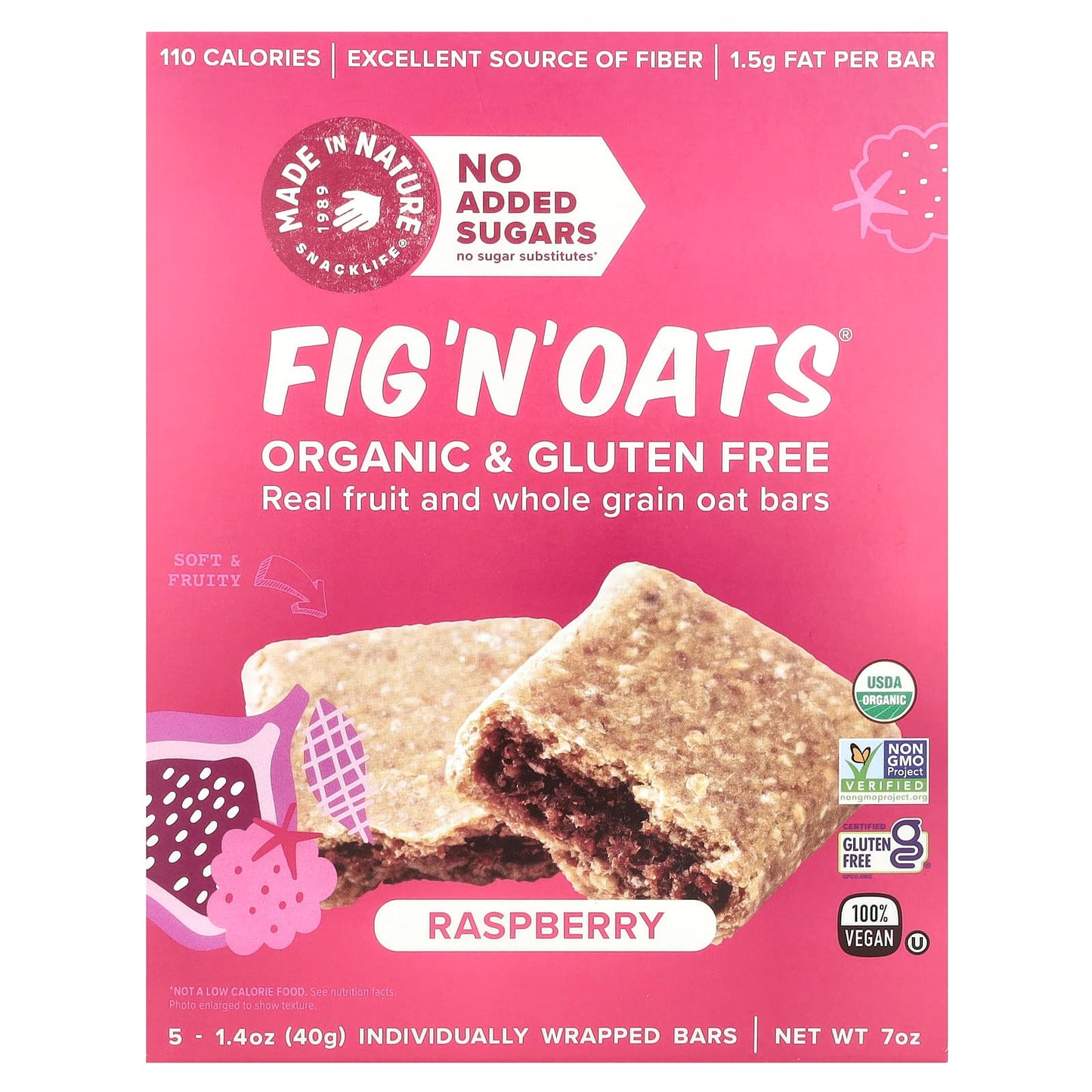Made in Nature, Fig 'N' Oats®, Raspberry, 5 Individually Wrapped Bars, 1.4 oz (40 g) Each - Image 1