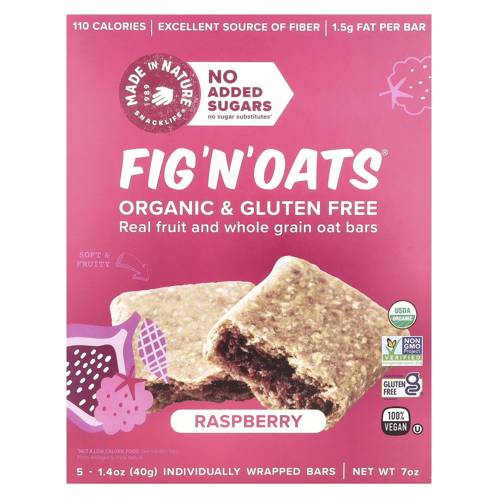 Made in Nature, Fig 'N' Oats®, Raspberry, 5 Individually Wrapped Bars, 1.4 oz (40 g) Each - Image 1