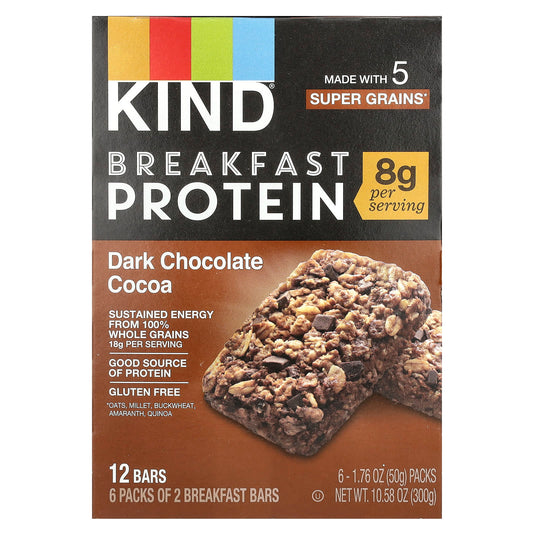 KIND Bars, Breakfast Protein Bars, Dark Chocolate Cocoa, 6 Packs, 1.76 oz (50 g) Each - Image 1