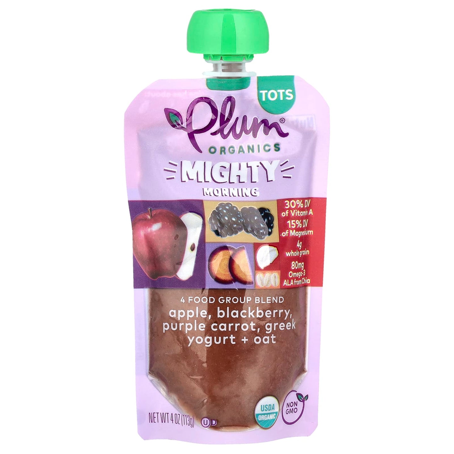 Plum Organics, Mighty Morning, 4 Food Group Blend, Tots, Apple, Blackberry, Purple Carrot, Greek Yogurt, Oat, 4 oz (113 g) - Image 1