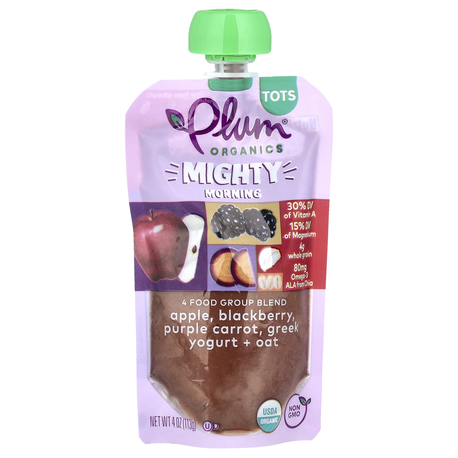 Plum Organics, Mighty Morning, 4 Food Group Blend, Tots, Apple, Blackberry, Purple Carrot, Greek Yogurt, Oat, 4 oz (113 g) - Image 1
