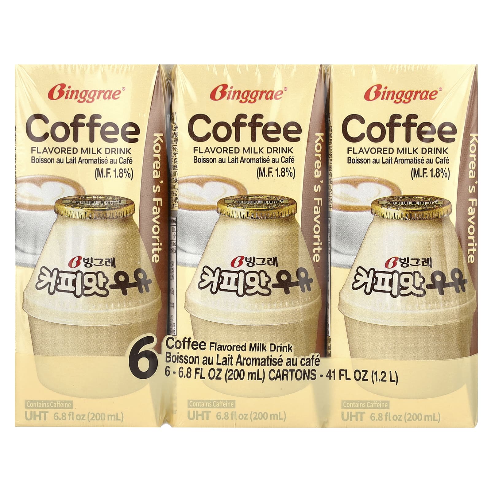 Binggrae Coffee Flavored Milk Drink, 6 Pack, 6.8 oz Each - Image 1