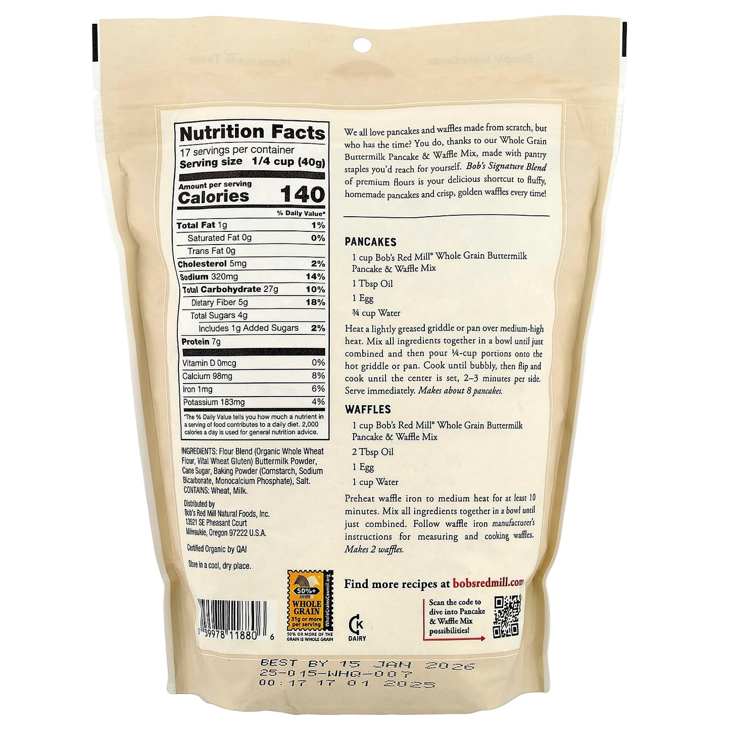 Whole Grain Buttermilk Pancake & Waffle Mix by Bob's Red Mill, 24 oz (680g) - Image 2