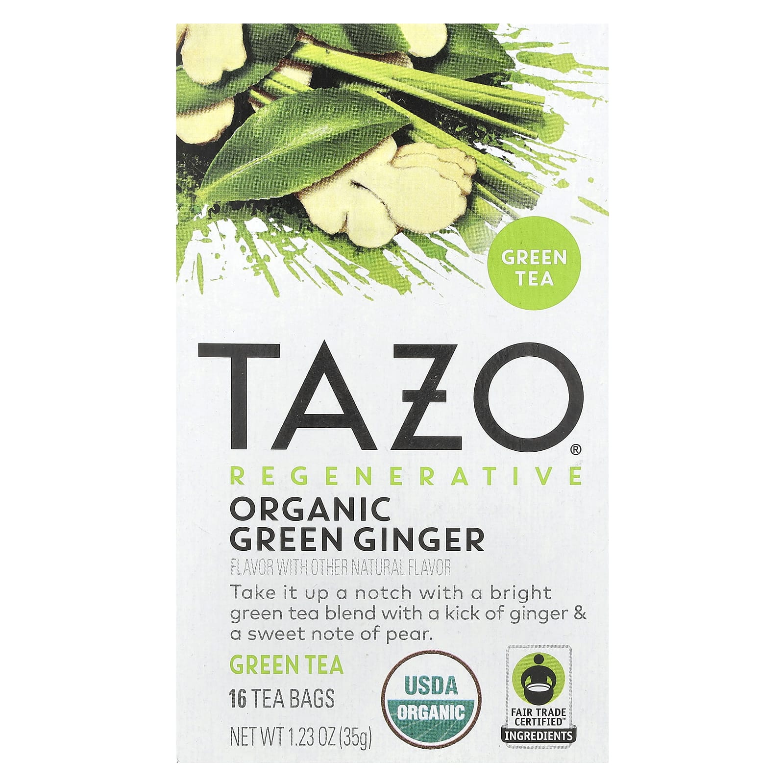 TAZO, Regenerative, Green Tea, Organic Green Ginger, 16 Tea Bags, 1.23 oz (35 g) - Image 1