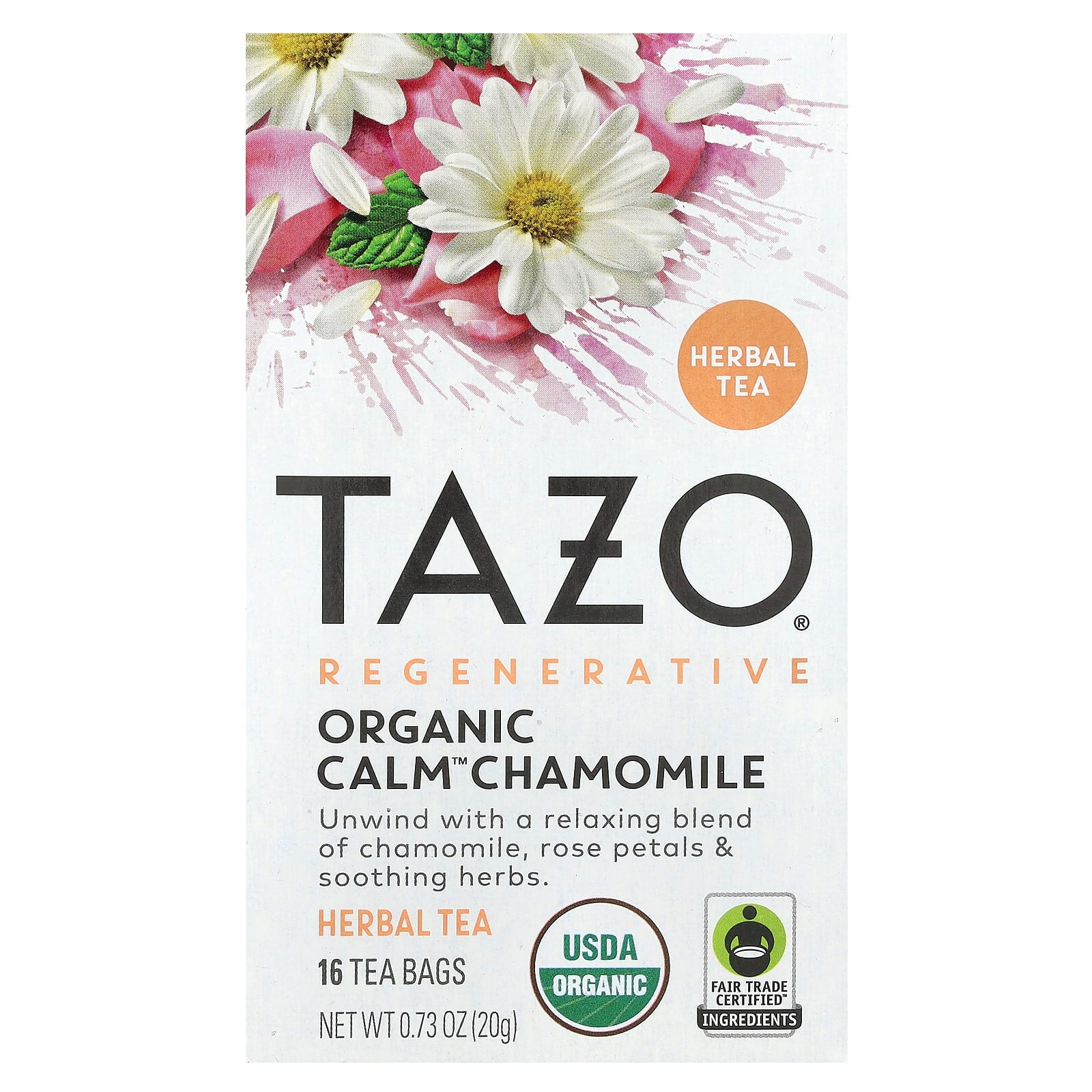TAZO, Regenerative, Herbal Tea, Organic Calm Chamomile, Caffeine Free, 16 Tea Bags, 0.73 oz (20 g) - Image 1