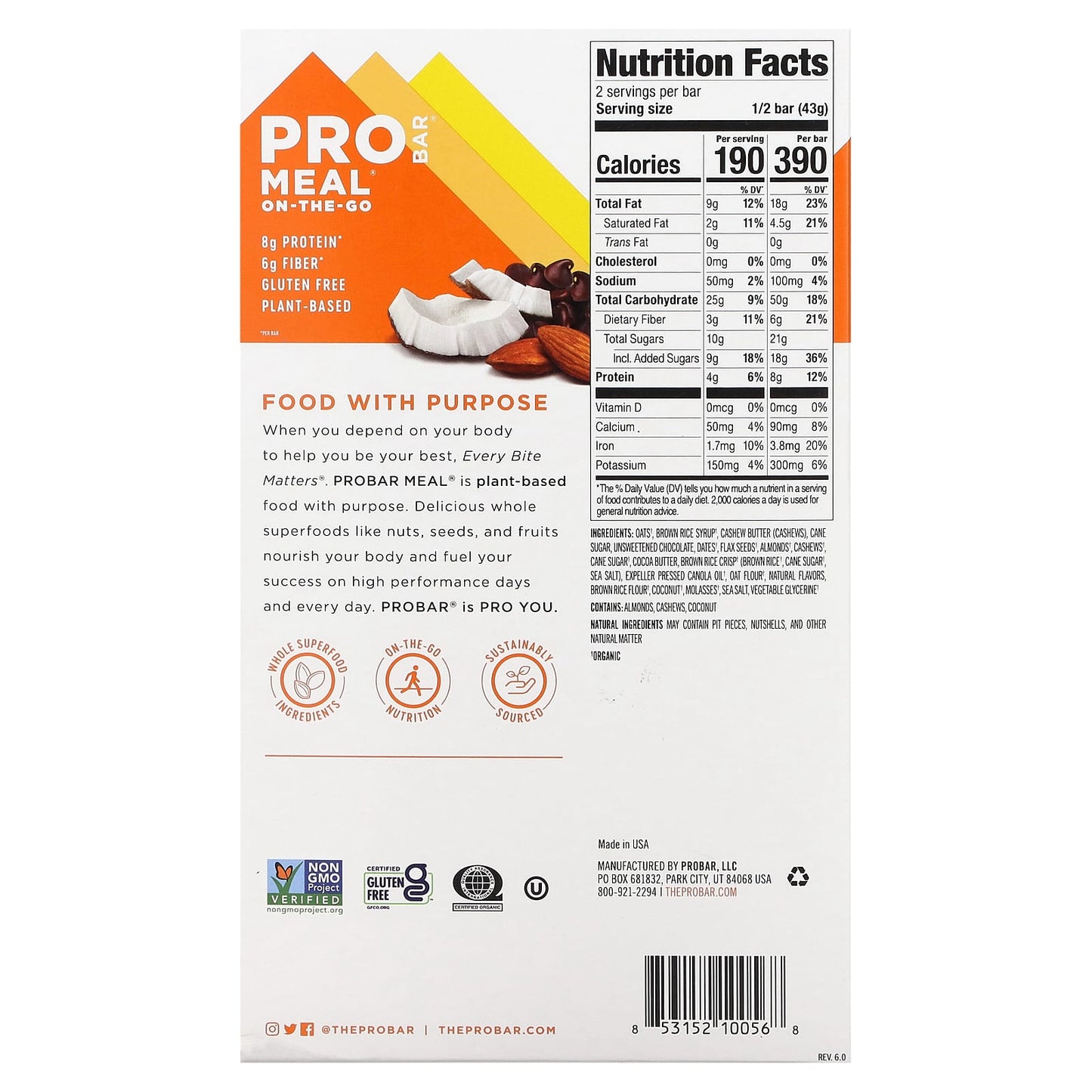 ProBar, Meal On-The-Go Bar, Chocolate Coconut, 12 Bars, 3 oz (85 g) Each - Image 2