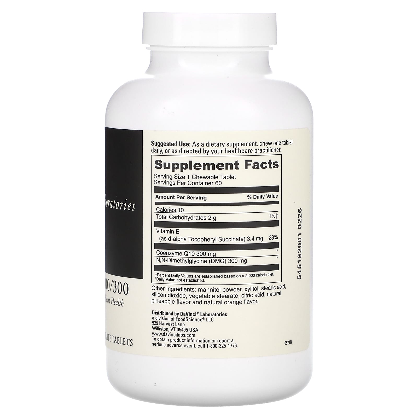 DaVinci Laboratories CoQ10-DMG Heart Health Supplement 60 Chewable Tablets - Image 2