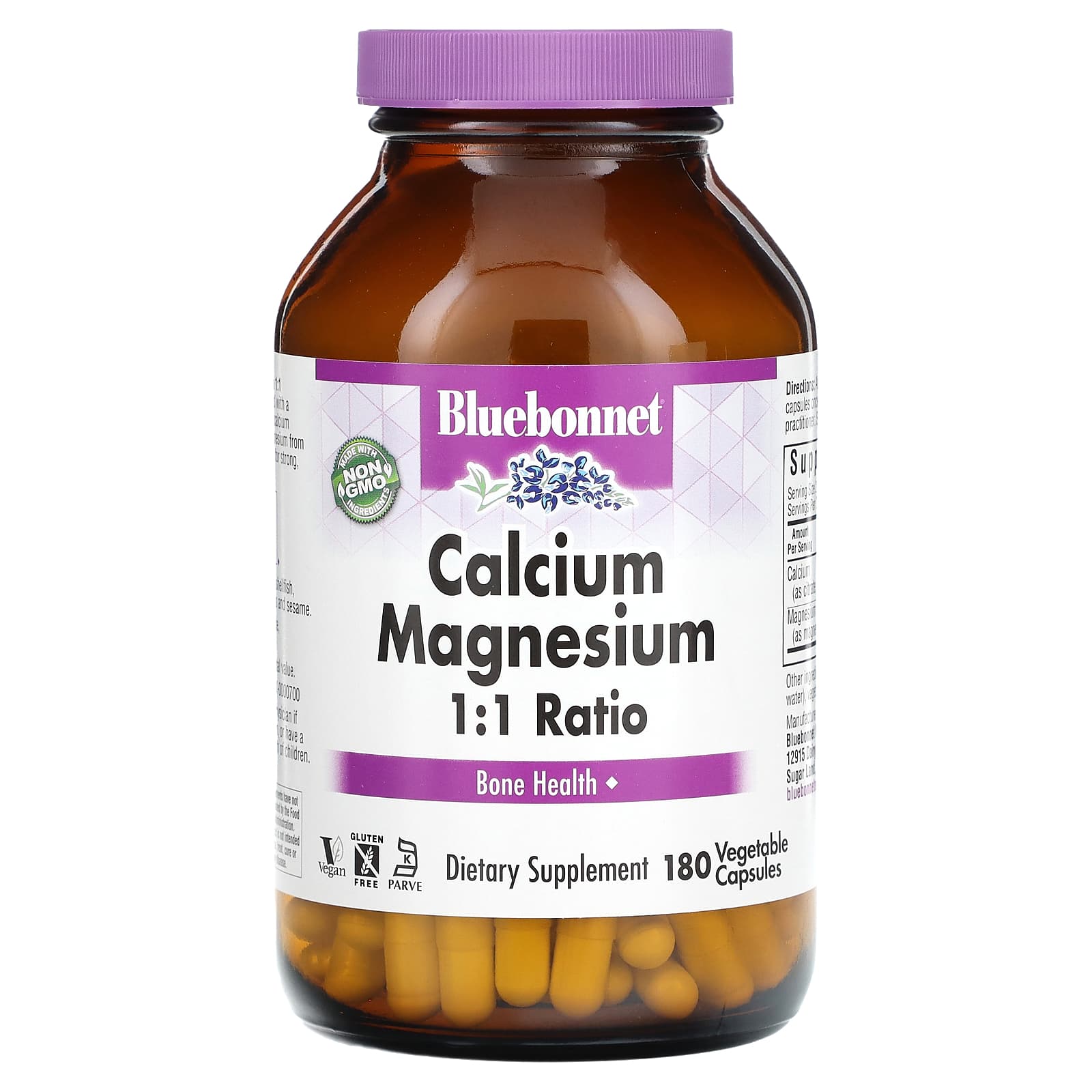 Bluebonnet Calcium Magnesium 1:1 Ratio Supplement, 180 Veg Capsules - Image 1