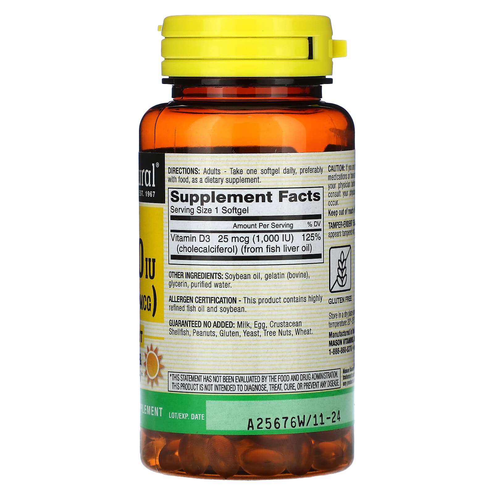 Mason Natural, Vitamin D3, 25 mcg (1,000 IU), 120 Softgels - Image 2