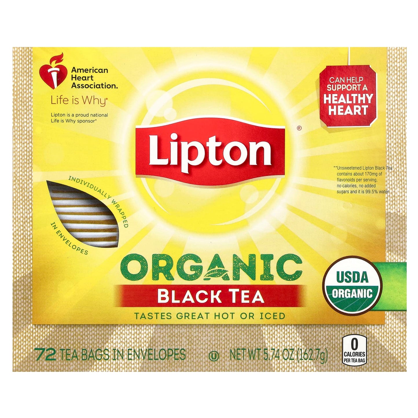Lipton, Organic Black Tea , 72 Tea Bags in Envelopes, 5.74 oz (162.7 g) - Image 1