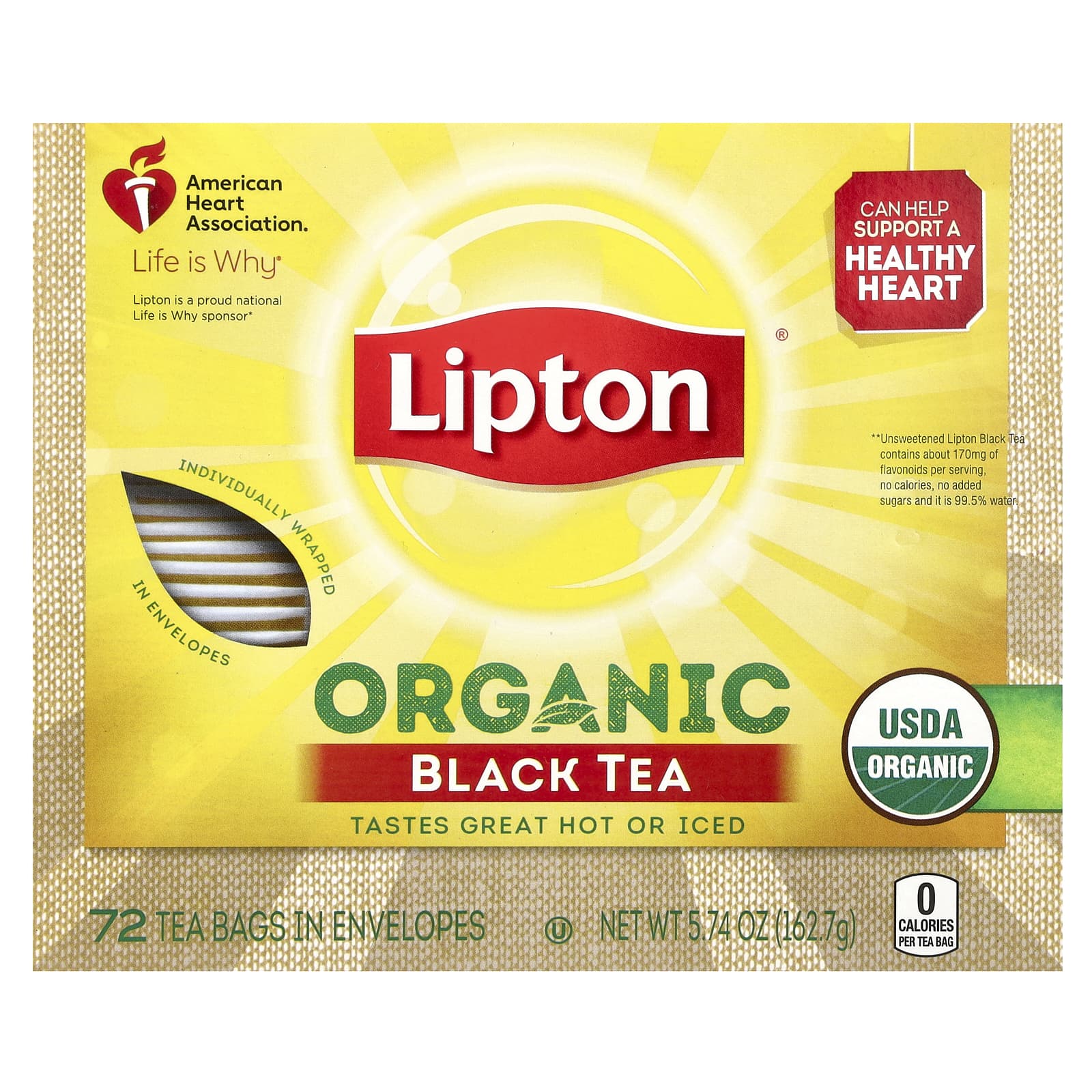 Lipton, Organic Black Tea , 72 Tea Bags in Envelopes, 5.74 oz (162.7 g) - Image 1