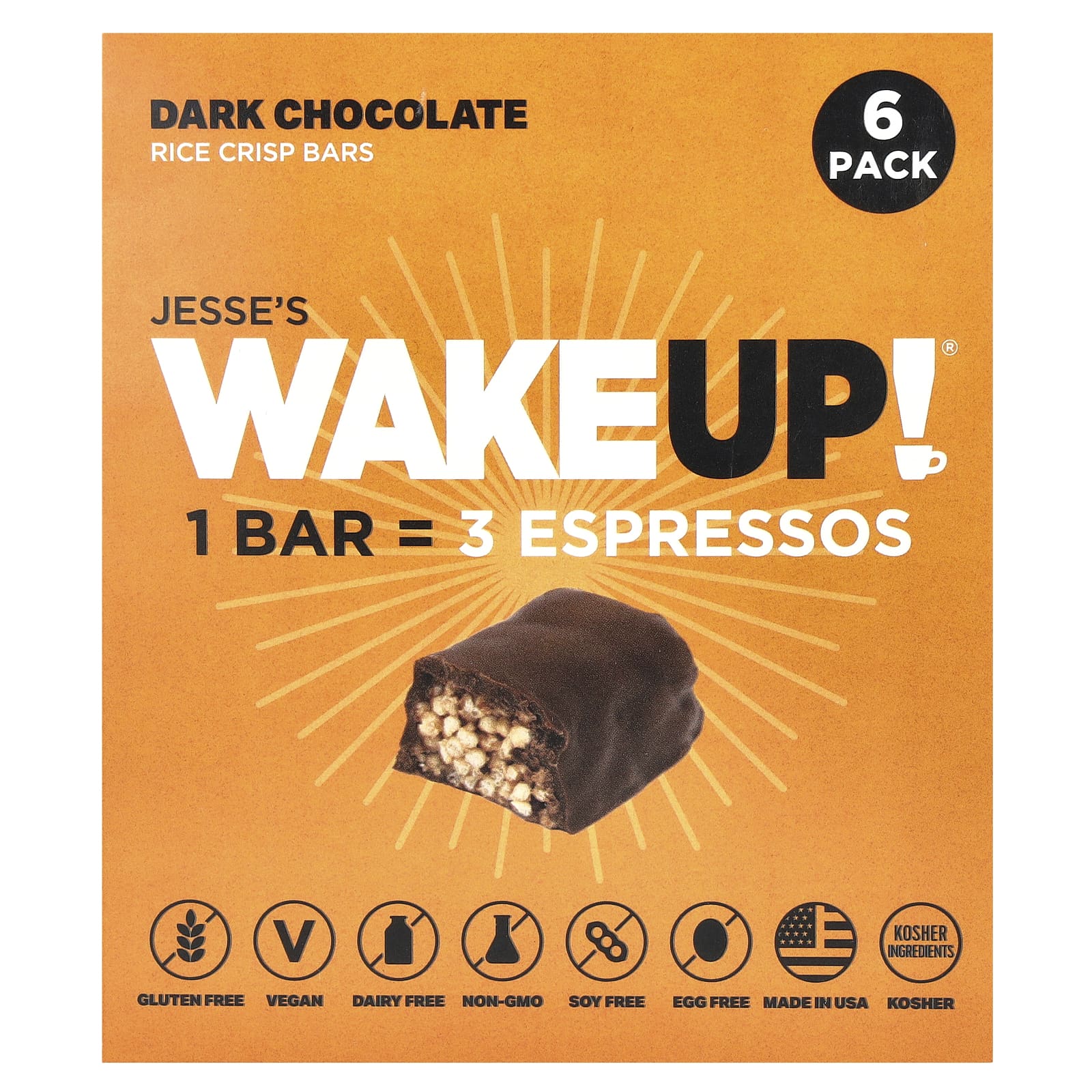 Dark Chocolate Coffee Energy Bars Gluten Free, 6 Pack by Jesse's WAKEUP! - Image 1