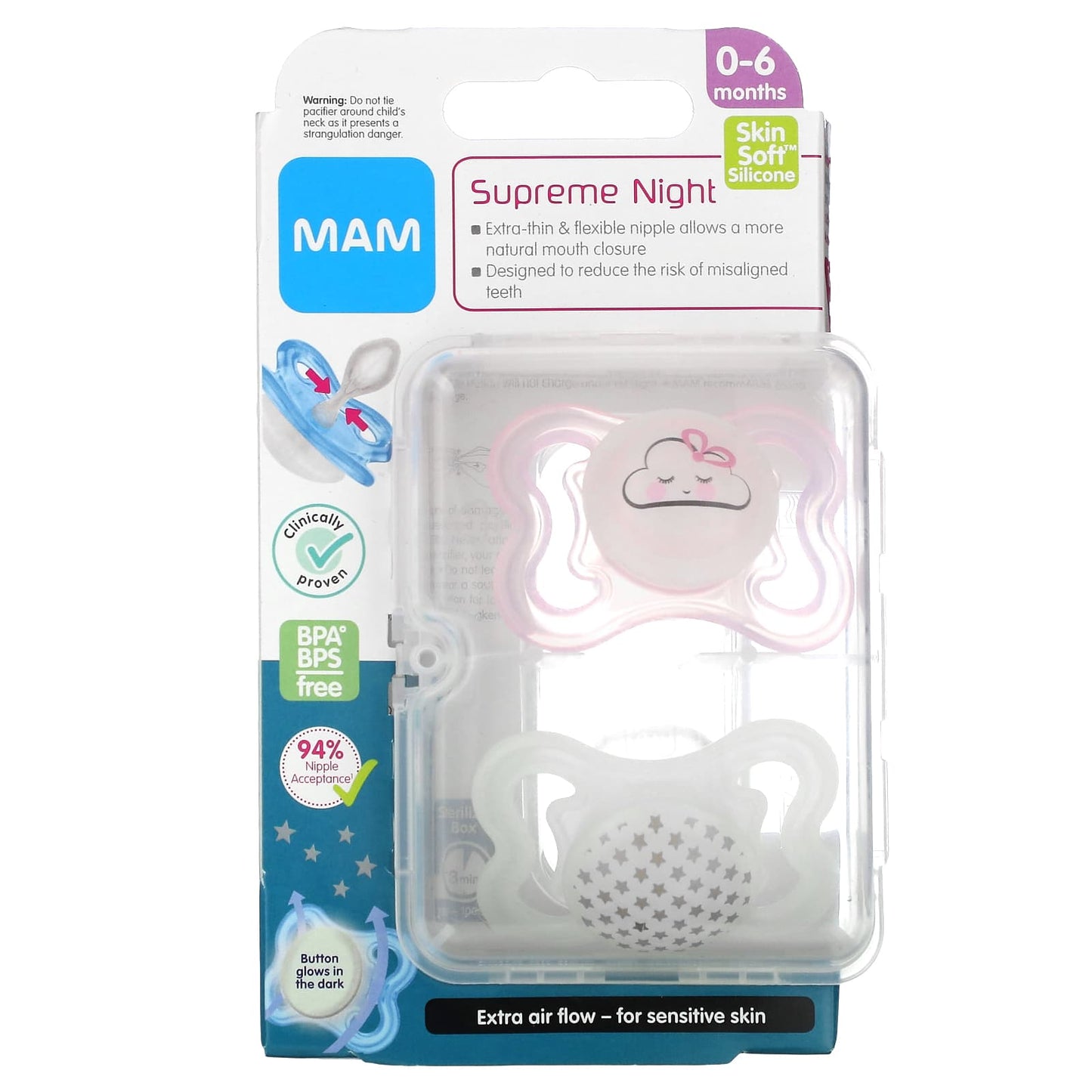 MAM, Supreme Night Pacifier, 0-6 Months, Pink/Clear, 2 Count - Image 1