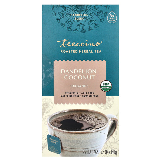 Teeccino, Roasted Herbal Tea, Dandelion Coconut, Caffeine Free, 25 Tea Bags, 5.3 oz (150 g) - Image 1