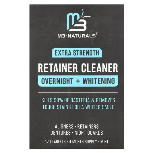 M3 Naturals, Retainer Cleaner, Overnight + Whitening, Extra Strength, Mint, 120 Tablets - Image 1