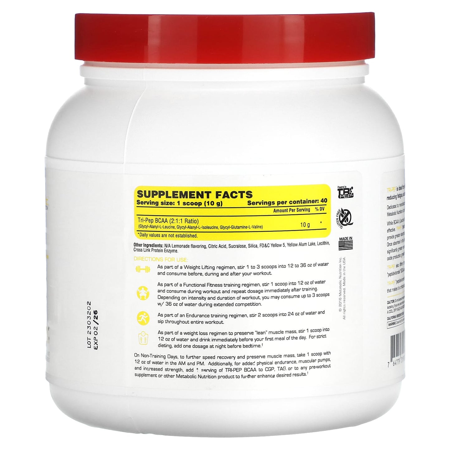 Metabolic Nutrition, Tri-Pep, Branch Chain Amino Acid, Lemonade, 14.1 oz (400 g) - Image 2