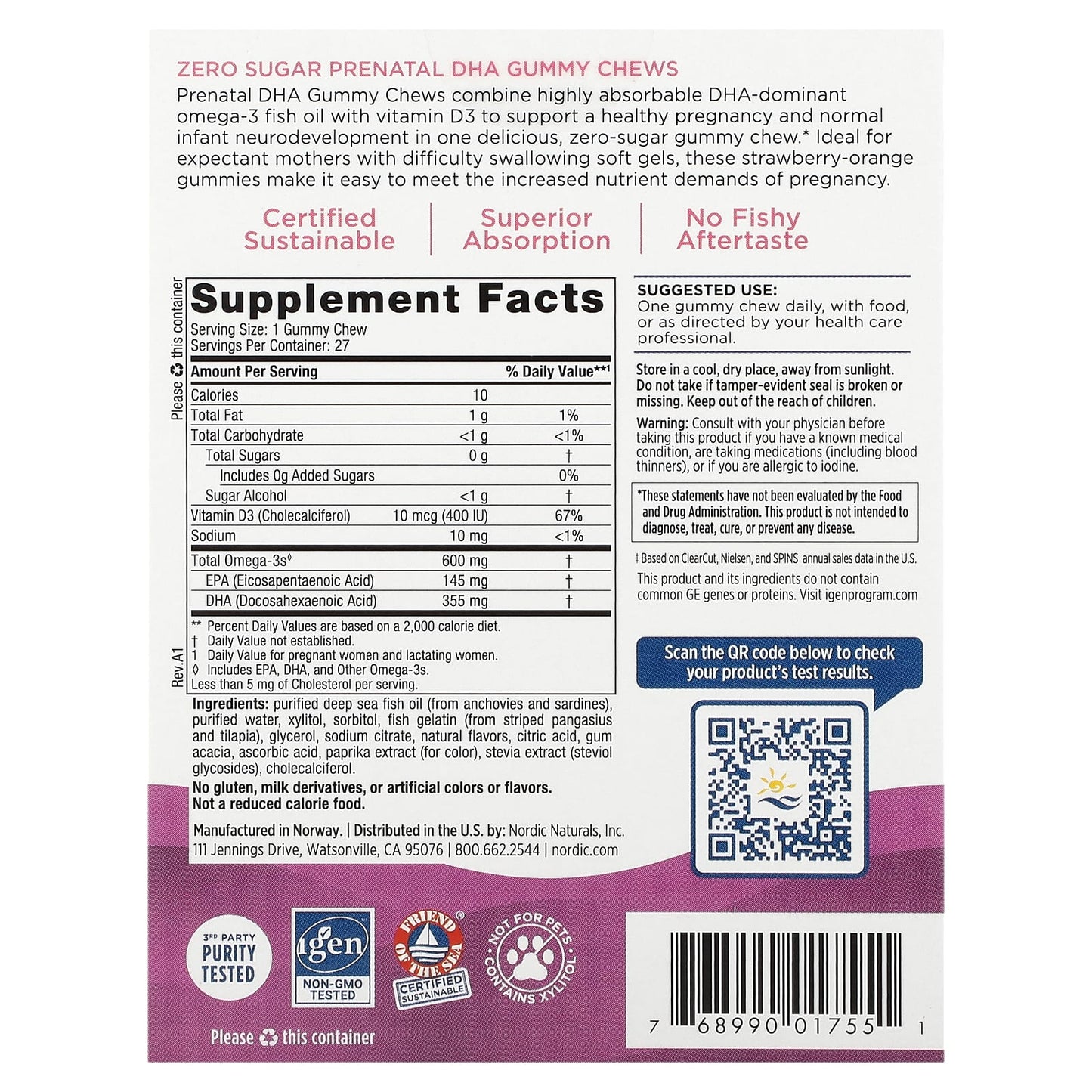 Nordic Naturals, Zero Sugar Prenatal DHA, Strawberry Orange, 27 Gummy Chews - Image 2