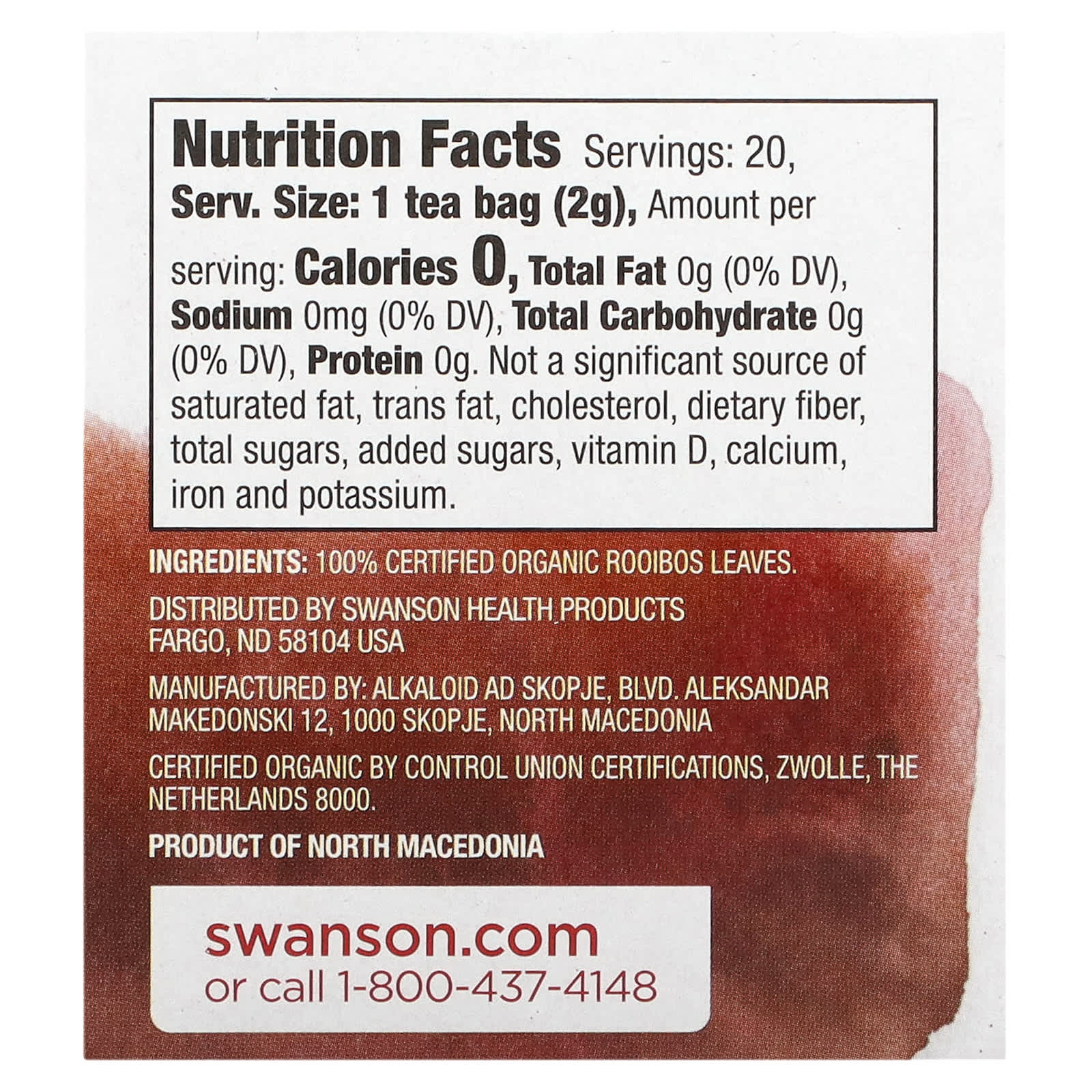 Swanson, 100% Organic Rooibos Red Tea, Caffeine-Free, 20 Tea Bags, 1.4 oz (40 g) - Image 2