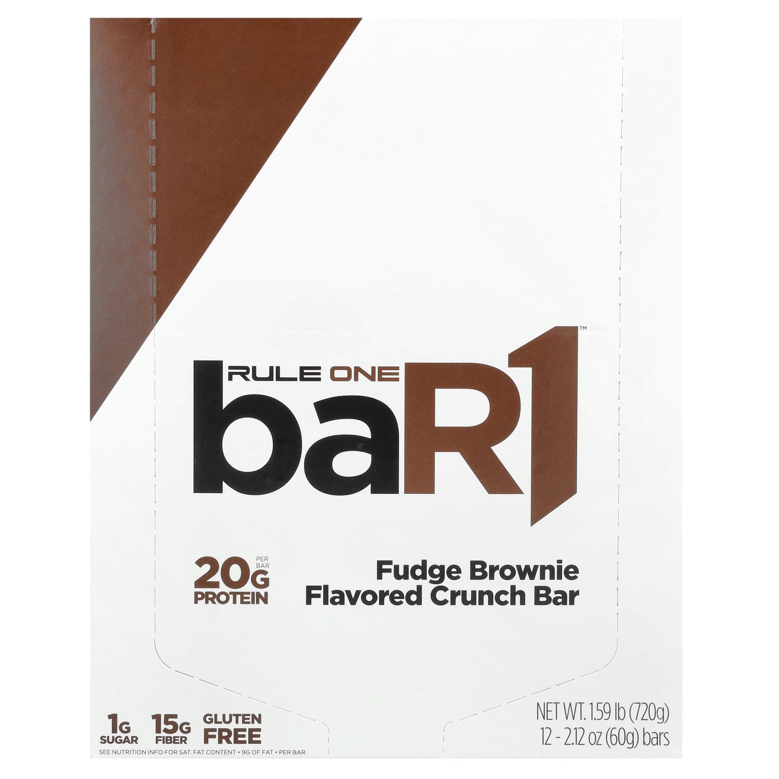 Rule One Proteins, baR1, Crunch Bar, Fudge Brownie, 12 Bars, 2.12 oz (60 g) Each - Image 1