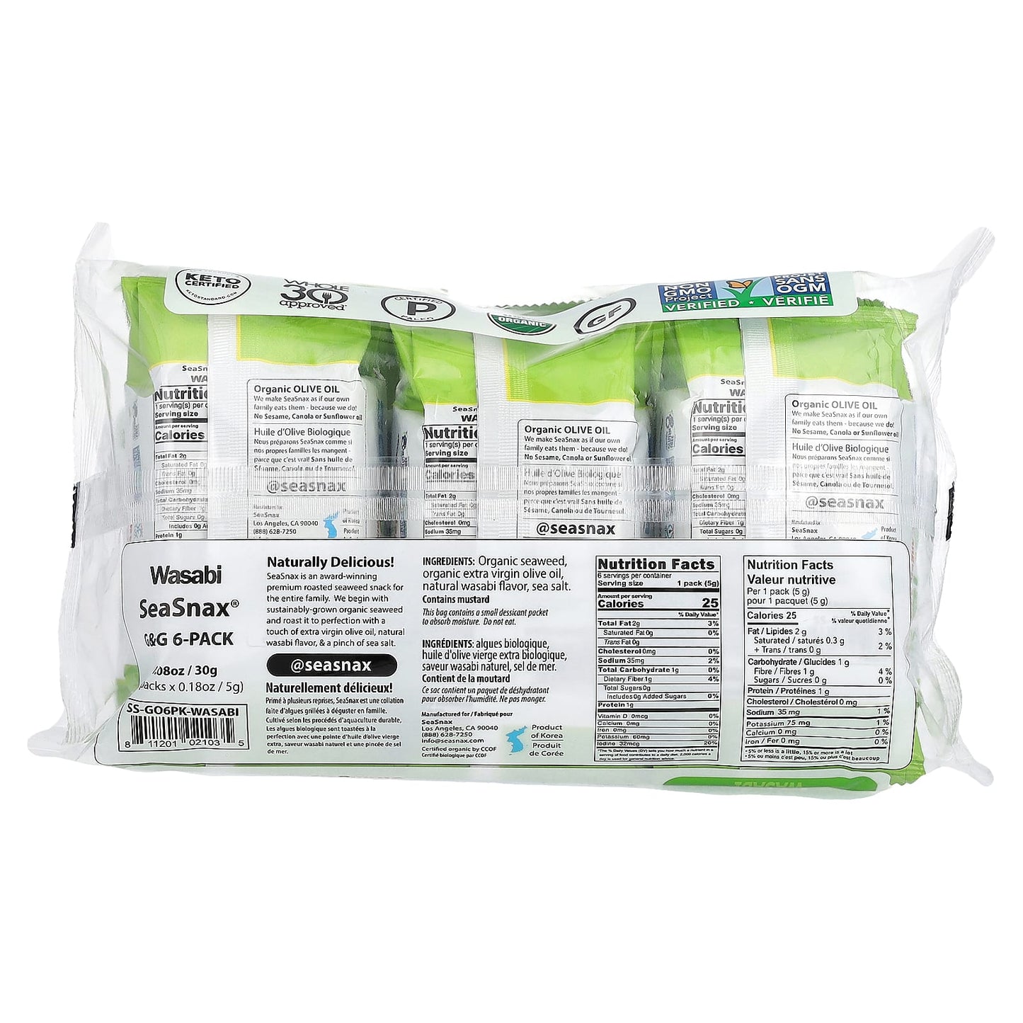 SeaSnax, Organic Seaweed, Wasabi, 6 Pack, 0.18 oz (5 g) Each - Image 2