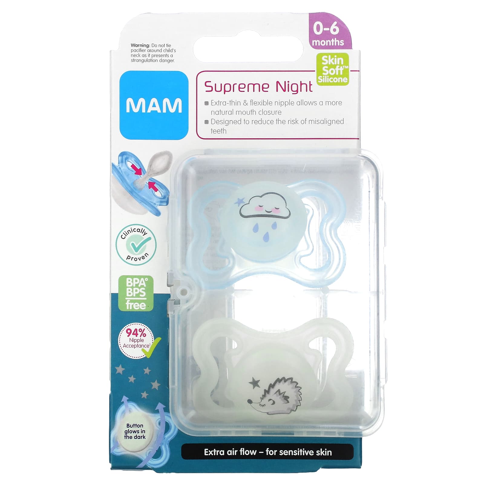 MAM, Supreme Night Pacifier, 0-6 Months, Blue/Clear, 2 Count - Image 1