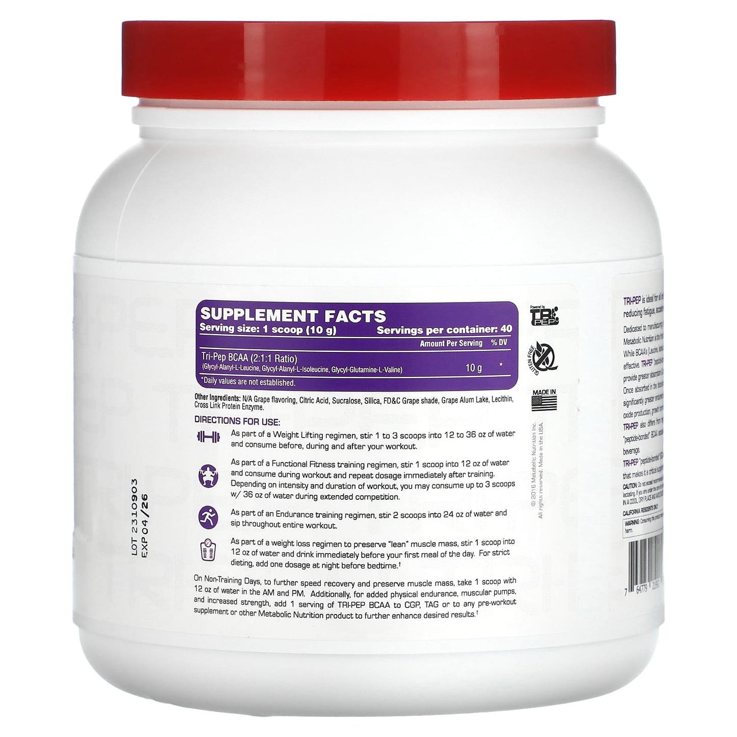 Metabolic Nutrition, Tri-Pep, Branch Chain Amino Acid, Grape, 14.1 oz, (400 g) - Image 2