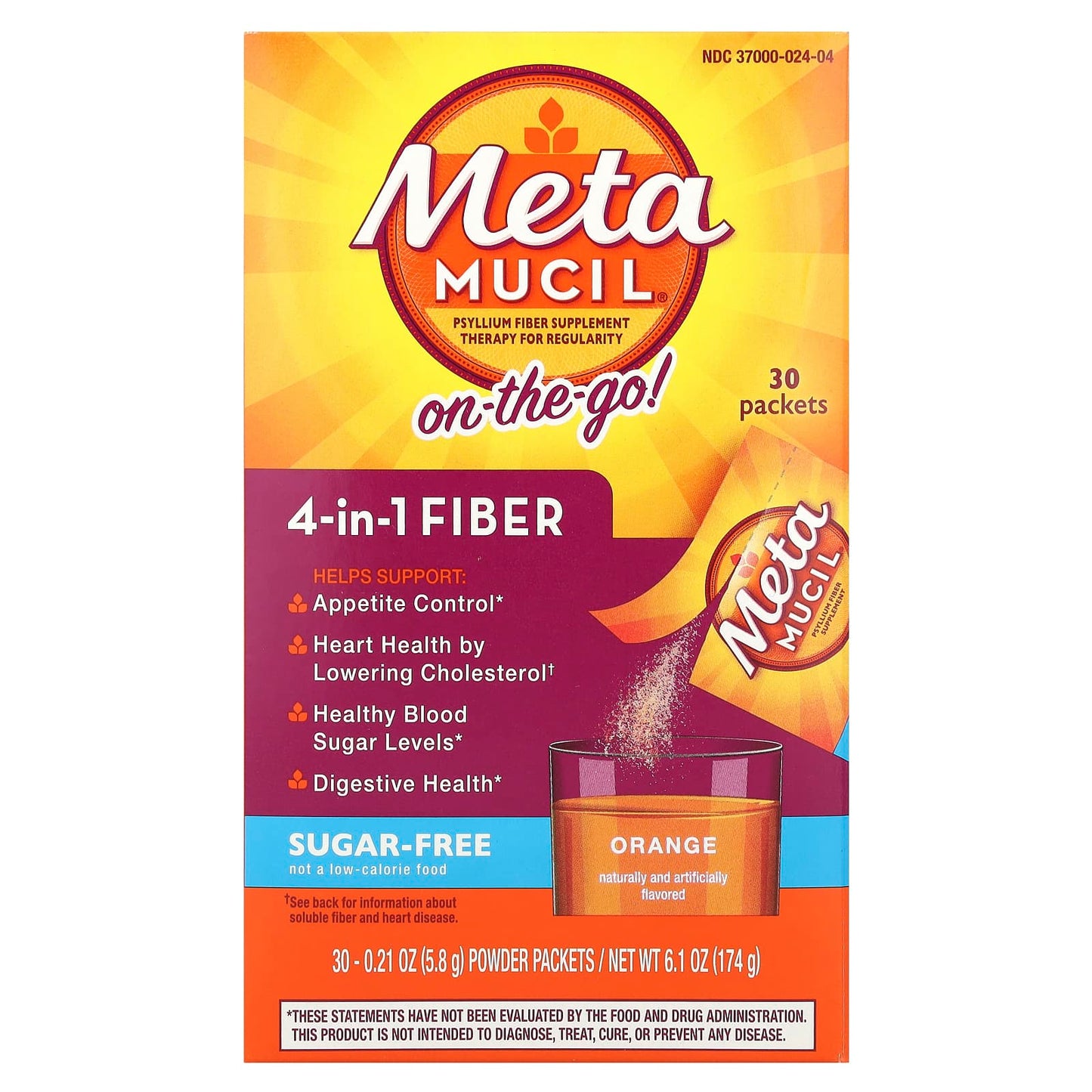 Metamucil, On-The-Go, 4-in-1 Fiber, Orange, Sugar Free, 30 Powder Packets, 0.21 oz (5.8 g) Each - Image 1