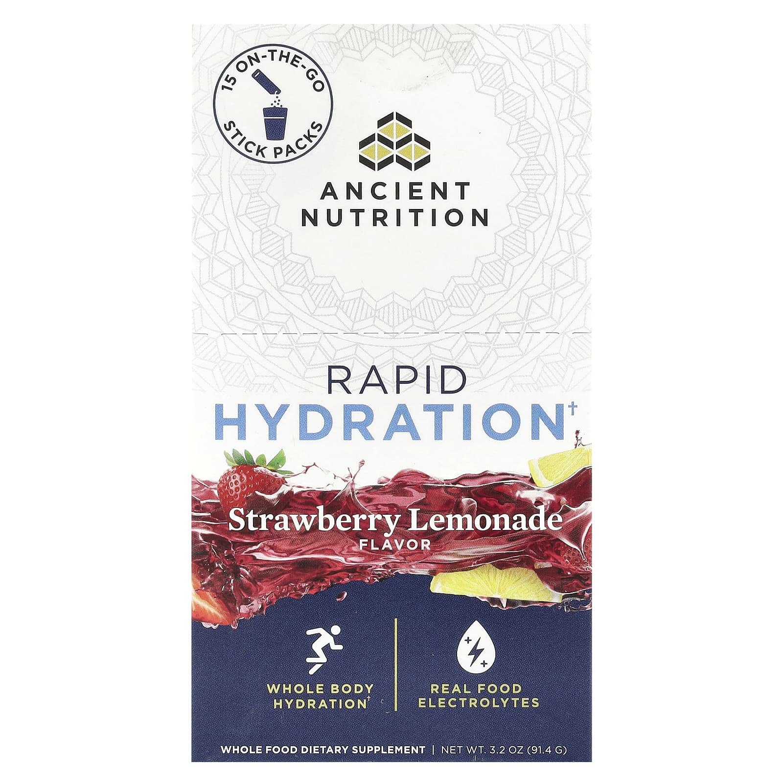 Ancient Nutrition Rapid Hydration Strawberry Lemonade, 15 On-The-Go Stick Packs - Image 1