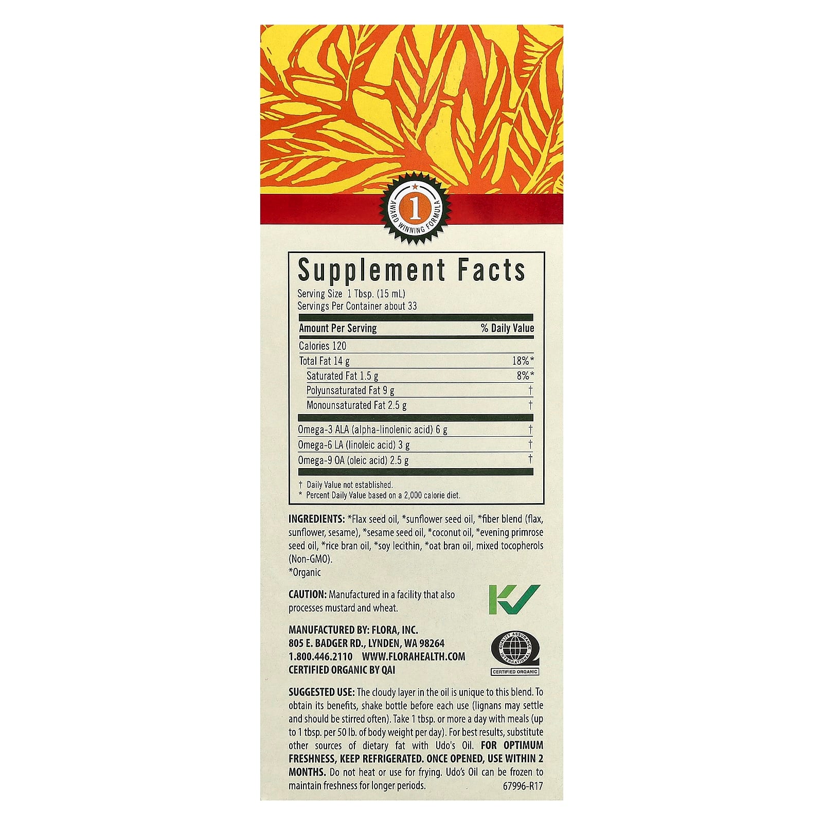 Flora Udo's Choice Organic Omega 3 6 9 Blend, 17 fl oz (500 ml) - Image 2
